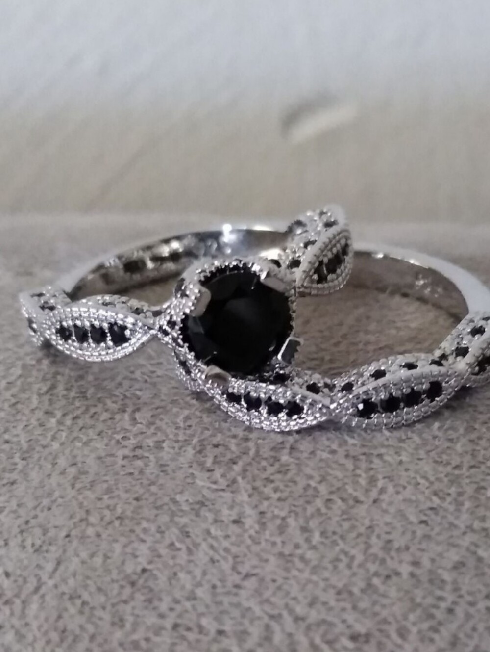 10k White Gold Over Silver 2 PC Onyx Solitaire W/Accents Eternity Ring Set Sz 10 - Picture 3 of 12
